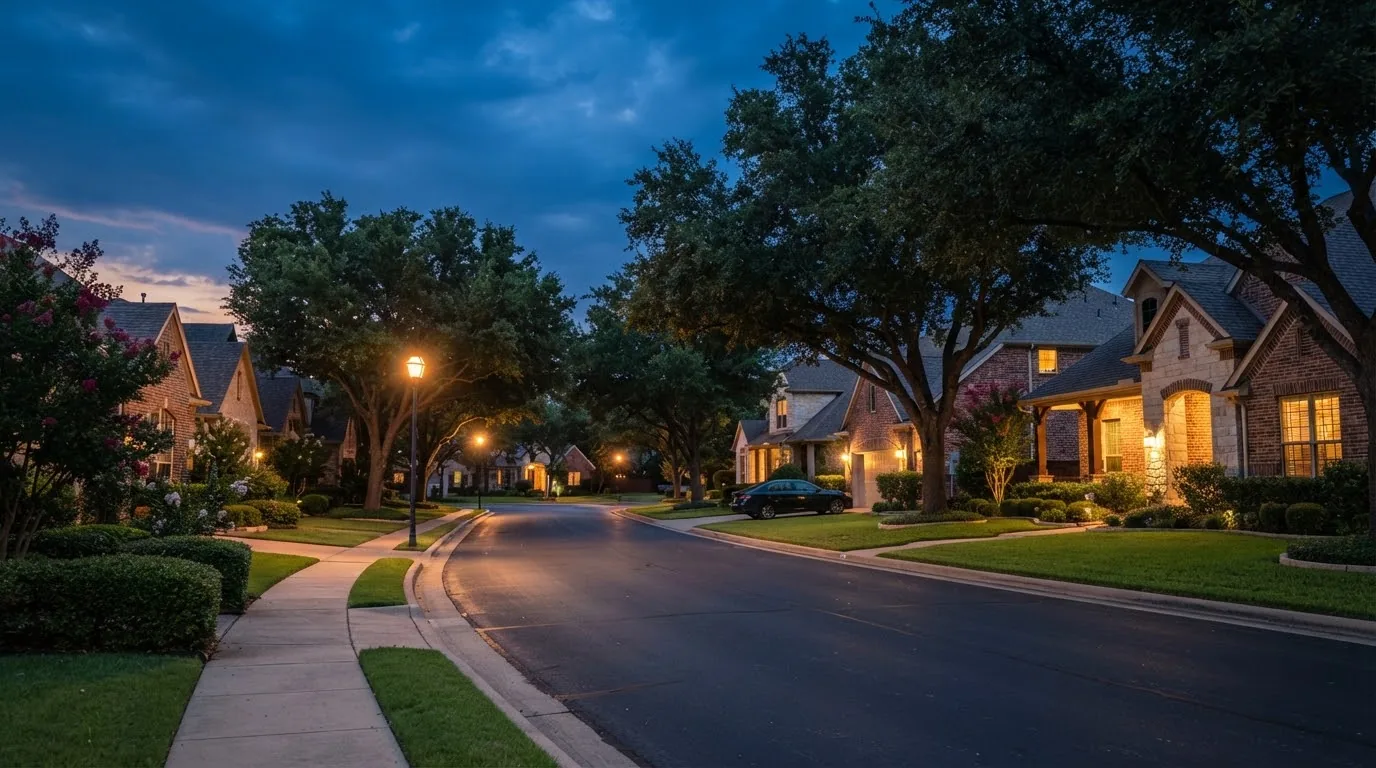 A quiet residential street at dusk, like the neighborhoods served in Fort Worth